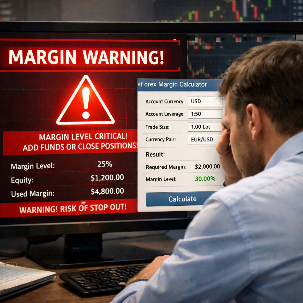 A realistic illustration of a trader looking at a margin warning screen, with a red alert and a calm calculator window beside it. Alt: forex margin calculator warning graphic