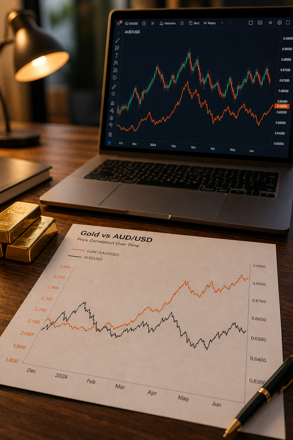 A photorealistic chart showing the price movements of gold overlaid with the AUD/USD forex pair, with a wooden desk and a laptop displaying a trading platform in the background. Alt: Forex correlation between gold and Australian dollar