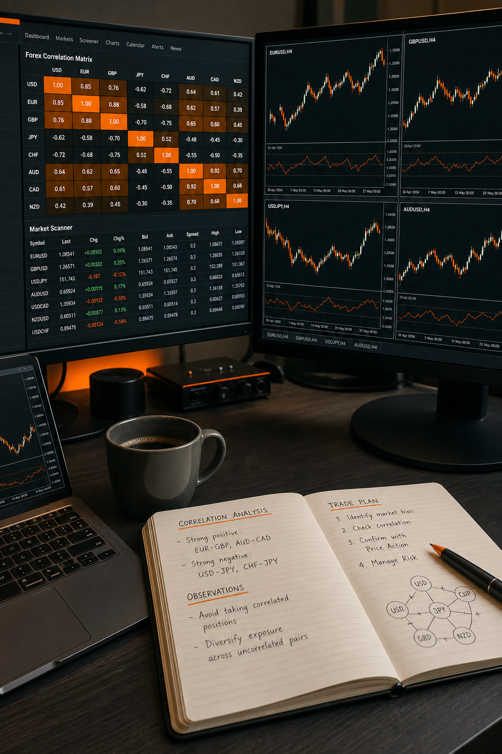 A realistic trading desk setup with multiple monitors displaying forex correlation matrices and charts, a notebook with handwritten notes, and a cup of coffee. Alt: Trading desk with forex correlation analysis tools