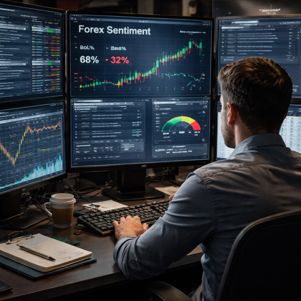 A photorealistic scene of a trader at a desk, multiple monitor screens displaying forex sentiment charts, news headlines, and a spread gauge. Realism style, focused on the concept of identifying sentiment drivers, appealing to aspiring and experienced traders.