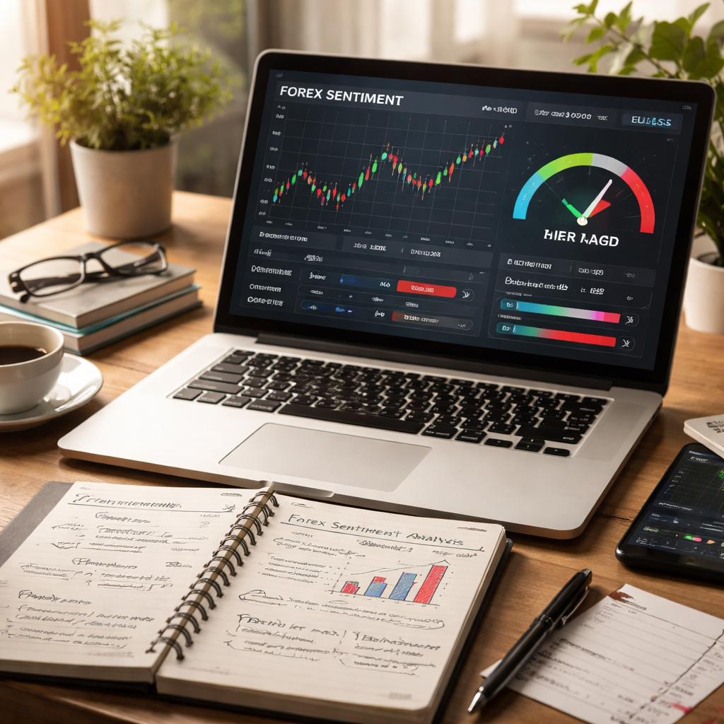 A photorealistic desk with a laptop showing a forex sentiment chart and a risk rating gauge, a trader’s handwritten notes beside it, natural lighting. Alt: forex market sentiment analysis interpretation with notes.