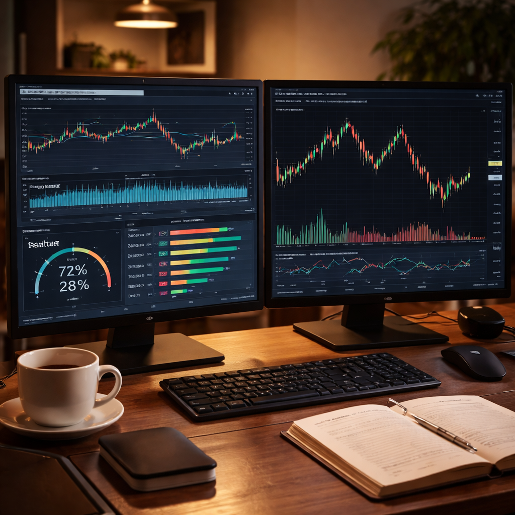 A photorealistic trader's desk with two monitors showing forex sentiment indicators (COT charts and retail sentiment gauge) beside a price chart; warm office lighting, a cup of coffee, and a notebook to convey a realistic trading setup. Alt: Forex market sentiment indicators dashboard on a trader's desk.