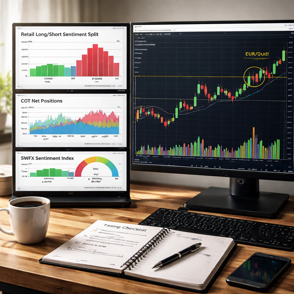 A photorealistic scene of a trader’s workstation showing three sentiment charts – retail long/short split, COT net‑position graph, and SWFX Index – alongside a candlestick chart with a breakout candle highlighted. The desk has natural lighting, a coffee mug, and a notebook with a checklist. Alt: forex market sentiment indicators visual guide showing pitfalls and best practices.