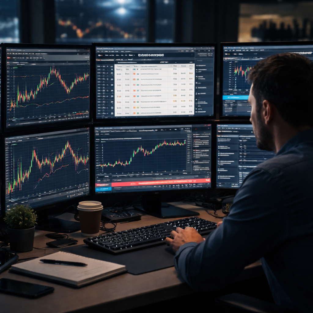 A photorealistic, real-world trading desk scene showing multiple monitors displaying an economic calendar, live price charts, and a news ticker, with dim office lighting and a focused trader in the frame. Alt: forex news trading strategy desk setup.