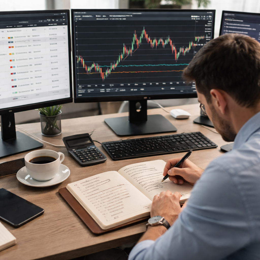 A photorealistic scene of a trader sitting at a desk with multiple monitors displaying a live economic calendar, EUR/USD chart with highlighted support and resistance lines, and a handwritten journal open beside a cup of coffee. The trader is reviewing trade entries and noting observations, realistic lighting, realistic office setting. Alt: trader reviewing forex news trading strategy journal.