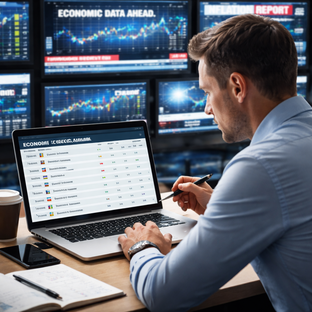 A photorealistic scene of a trader at a desk reviewing an economic calendar on a laptop, with multiple news screens in the background. Alt: forex news trading tips reliable sources overview.