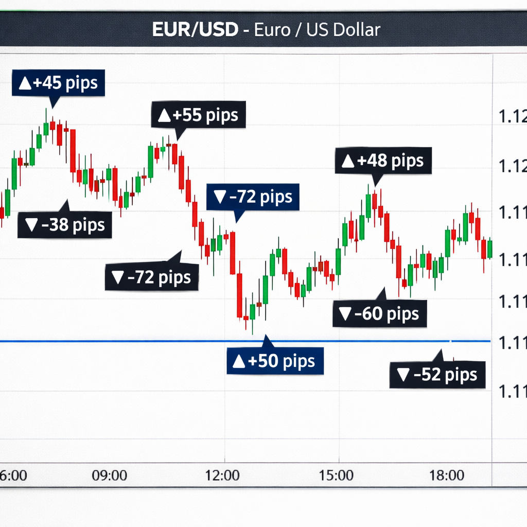 A realistic chart showing EUR/USD price movement with pip markers, Alt: forex pip chart showing pip increments