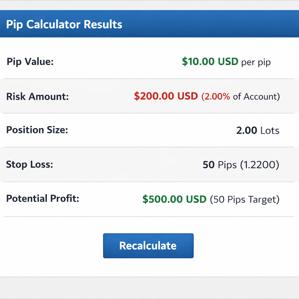 A realistic screenshot of a forex pip calculator results screen, showing pip value, risk, and profit, Alt: forex pip calculator output example