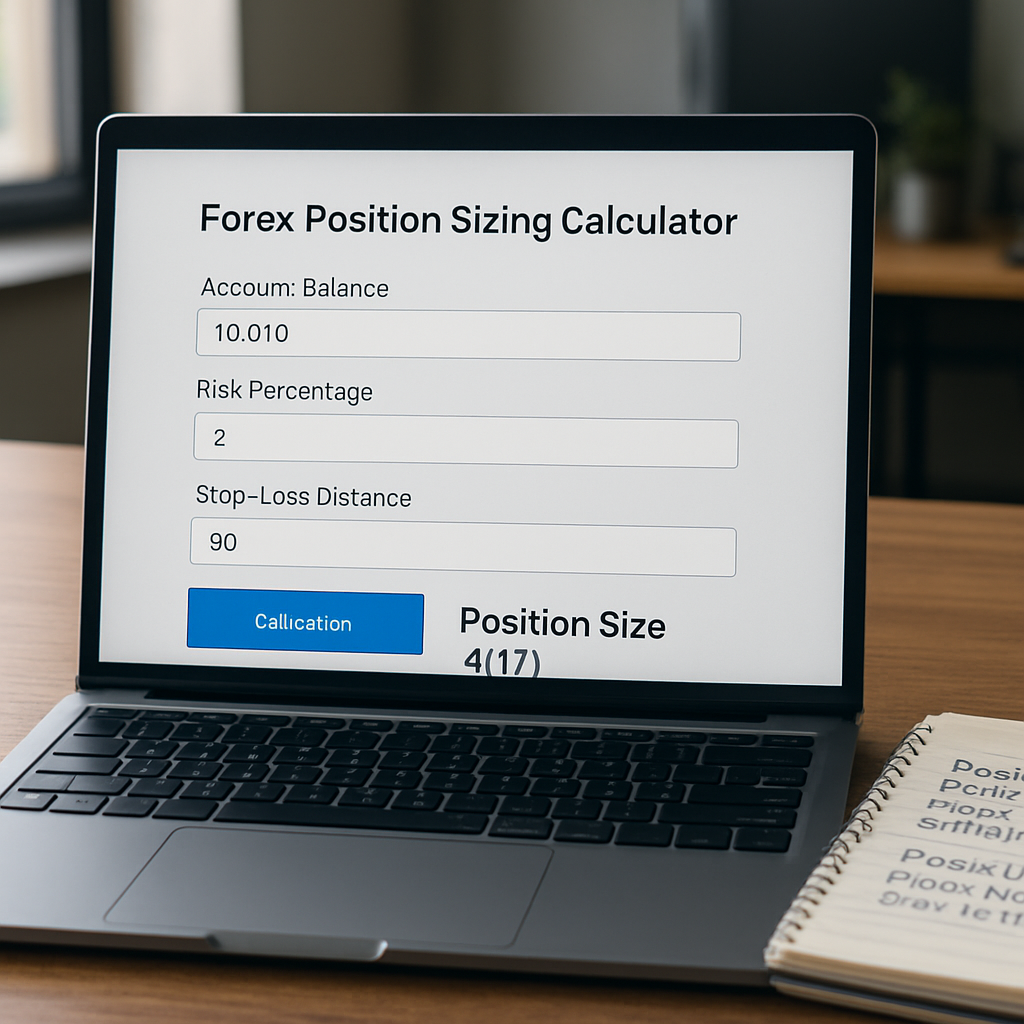 A photorealistic scene of a trader’s laptop screen displaying a forex position sizing calculator with input fields for account balance, risk percentage, and stop‑loss distance, alongside a notebook with handwritten notes, realistic lighting, realistic office setting, Alt: forex position sizing calculator example in realistic style.