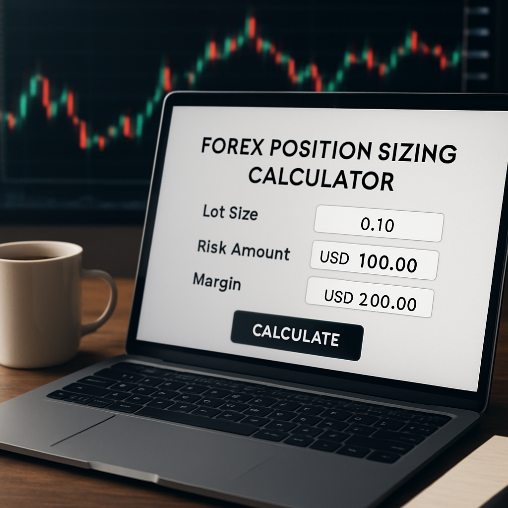 A photorealistic scene of a trader’s workstation showing a forex position sizing calculator open on a laptop, with the lot size, risk amount, and margin fields highlighted. A coffee mug, notebook, and a candlestick chart are visible in the background. Alt: forex position sizing calculator output on a desktop screen, showing lot size and risk details.