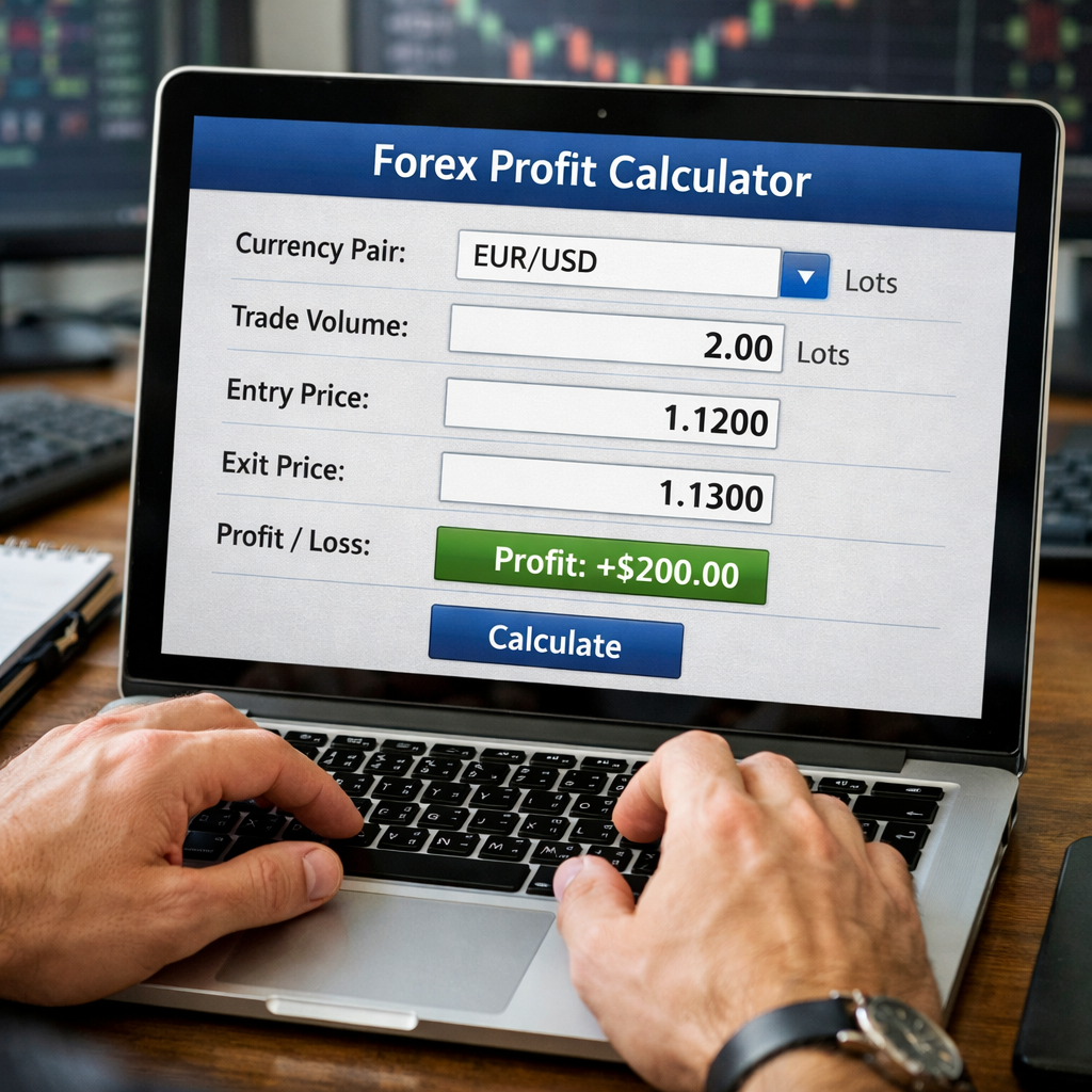 A realistic illustration of a trader entering numbers into a forex profit calculator on a laptop screen, showing fields for pair, volume, entry, exit, and result. Alt: forex profit calculator input screen