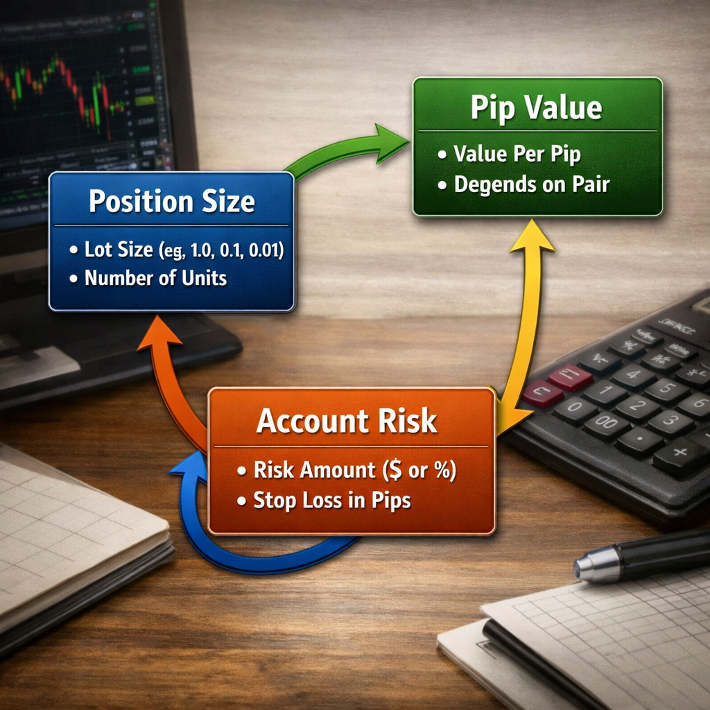 A realistic chart showing how use, pip value, and position size interact, with arrows linking each concept. Alt: use pip value position size interaction diagram