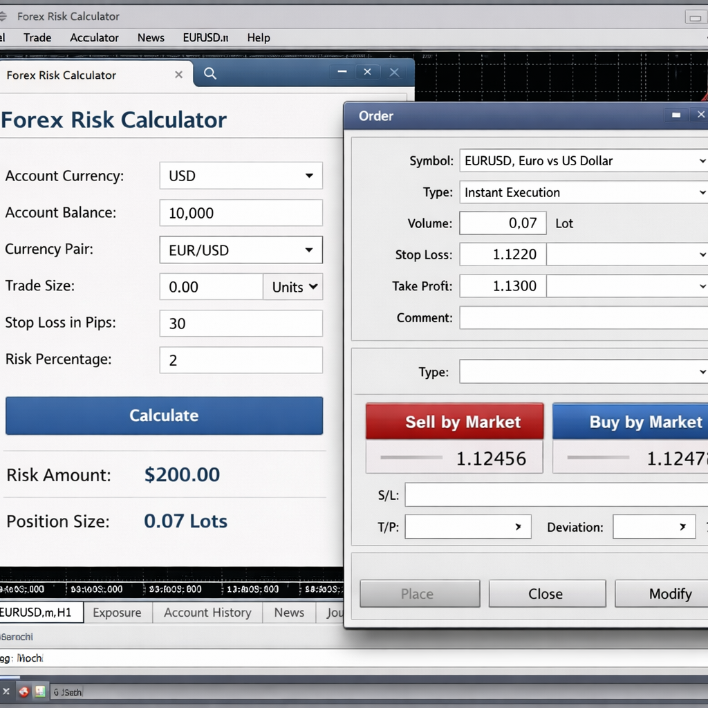 A realistic screenshot of a trader’s desktop showing a web‑based forex risk calculator beside an MT4 order window, with clear input fields and lot size output. Alt: forex risk calculator integration view