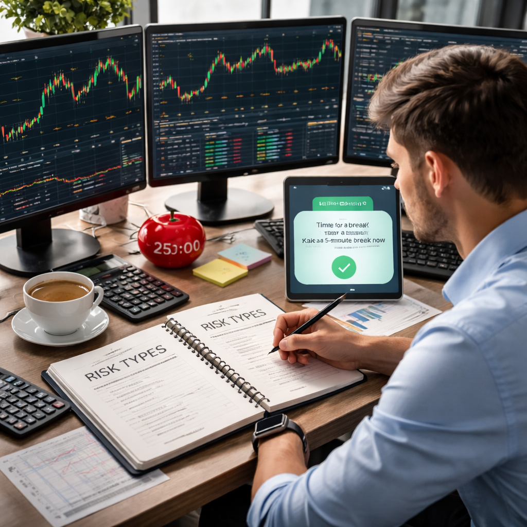 A photorealistic scene of a trader at a desk reviewing multiple monitors showing forex charts, a notebook labeled “Risk Types”, a Pomodoro timer, and a wellness app notification, Realism style, modern office setting, targeting aspiring and experienced traders.