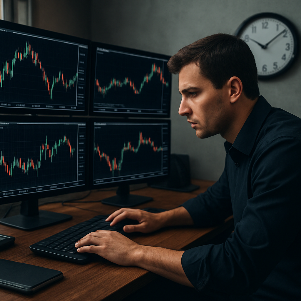 A photorealistic trading desk with multiple monitors displaying tight 1- and 5-minute forex charts, a focused trader, and a ticking clock to convey the tempo of forex scalping techniques. Alt: forex scalping techniques price action on a busy trading desk.