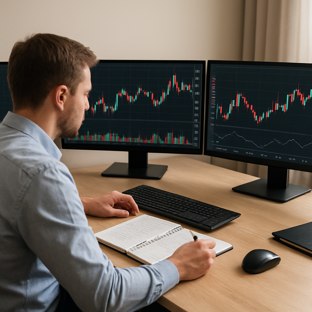 A photorealistic scene of a trader at a clean desk with multiple monitors displaying a tight-spread forex chart, candlestick patterns, and a notebook with annotations, in a calm home-office setting. Alt: forex scalping techniques trading desk with candlestick charts.