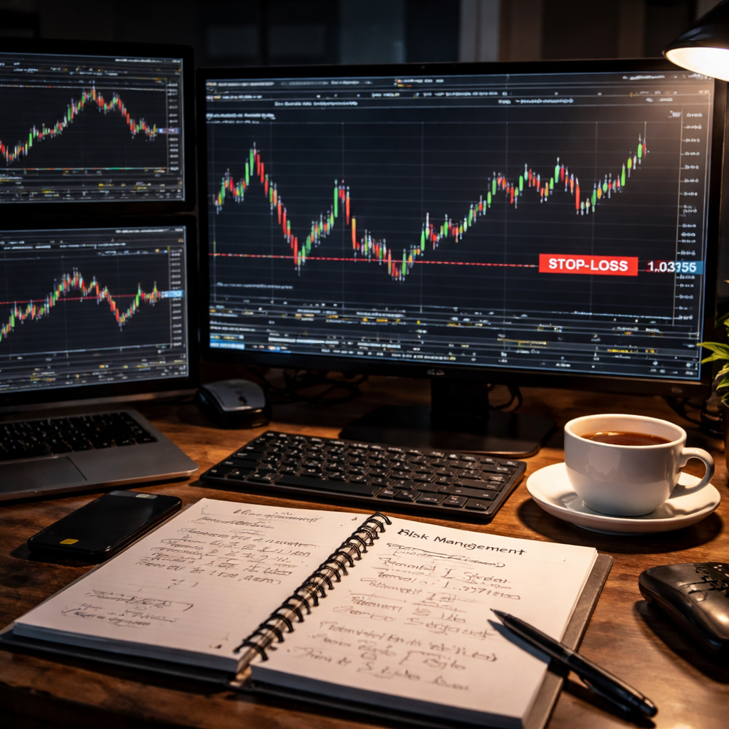 A photorealistic scene of a trader’s desk with multiple monitors displaying forex swing charts, a notebook with risk‑management calculations, a cup of coffee, and a highlighted stop‑loss line on a 4‑hour EUR/USD chart. Alt: forex swing trading strategies risk management visual.