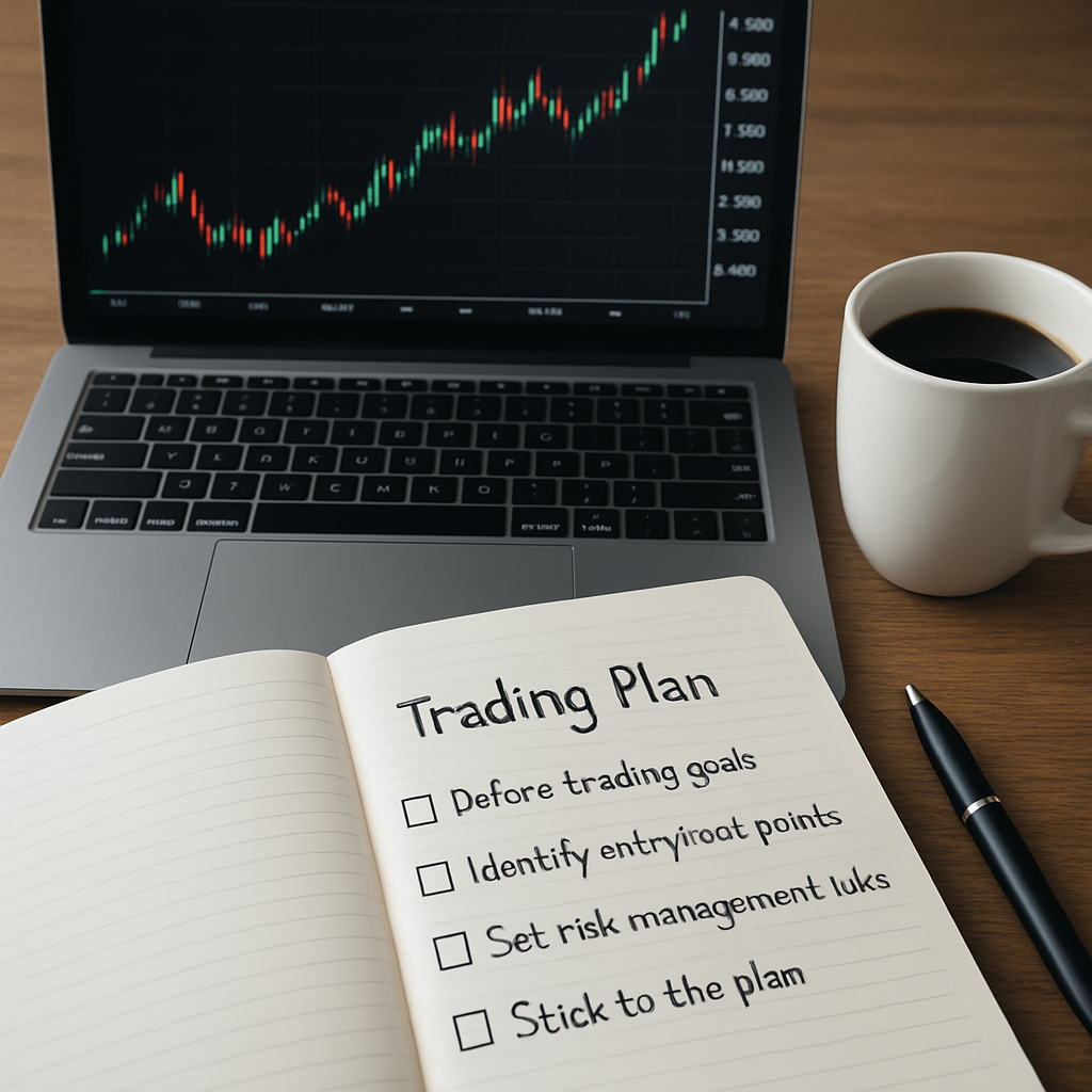 A photorealistic scene of a trader’s desk with a laptop displaying a EUR/USD chart, a handwritten notebook open to a simple trading plan checklist, a coffee mug, and a pen beside it. Alt: Realistic image of a beginner’s forex trading plan on a desk.