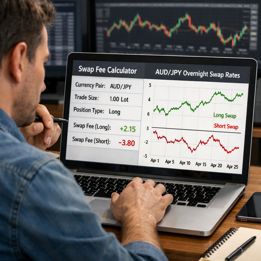 A realistic illustration of a trader reviewing swap fees on a laptop, with a chart of AUD/JPY overnight rates, Alt: swap fee calculator forex example