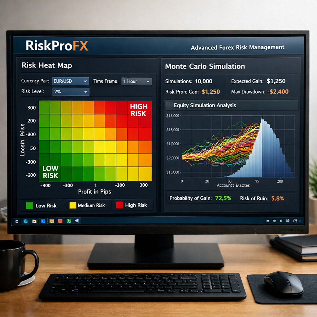 Realistic desktop screen showing RiskProFX risk heat map and Monte Carlo simulation chart, Alt: advanced forex risk management desktop tool