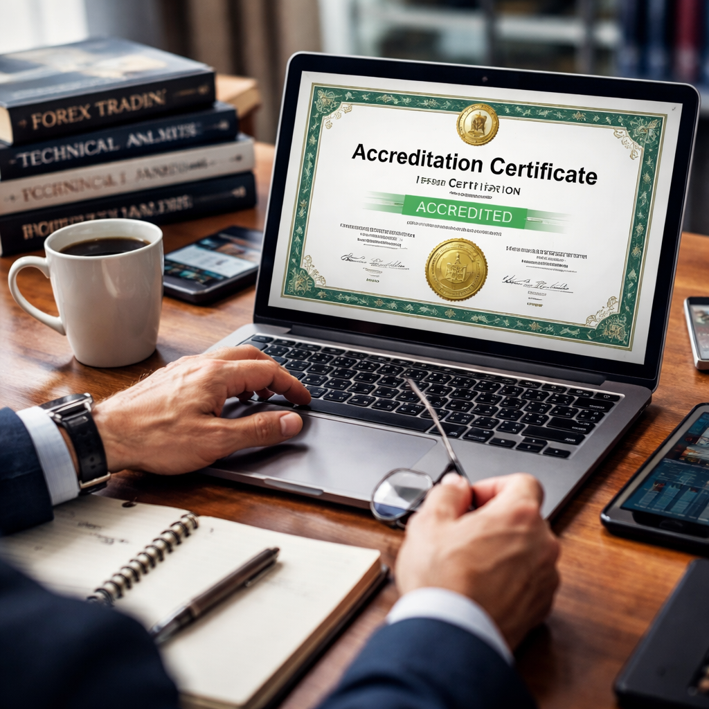 A photorealistic scene of a trader at a desk reviewing an accreditation certificate on a laptop, with a backdrop of financial books and a coffee mug, alt: forex trading certification accreditation check.
