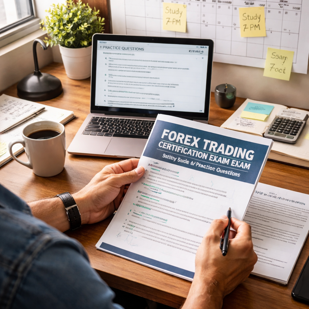 A photorealistic scene of a trader at a desk, reviewing a printed forex trading certification exam guide, with a coffee mug, laptop showing practice questions, and a wall calendar marked with study sessions. Alt: Forex trading certification exam preparation desk setup.