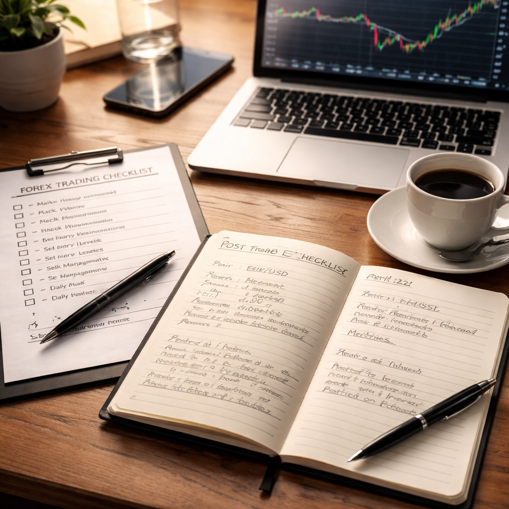 A photorealistic scene of a trader’s desk with a printed forex trading checklist pdf, a handwritten journal entry, a laptop showing a live chart, and a cup of coffee, soft natural lighting. Alt: Close‑up of a post‑trade journal page beside a forex trading checklist pdf.