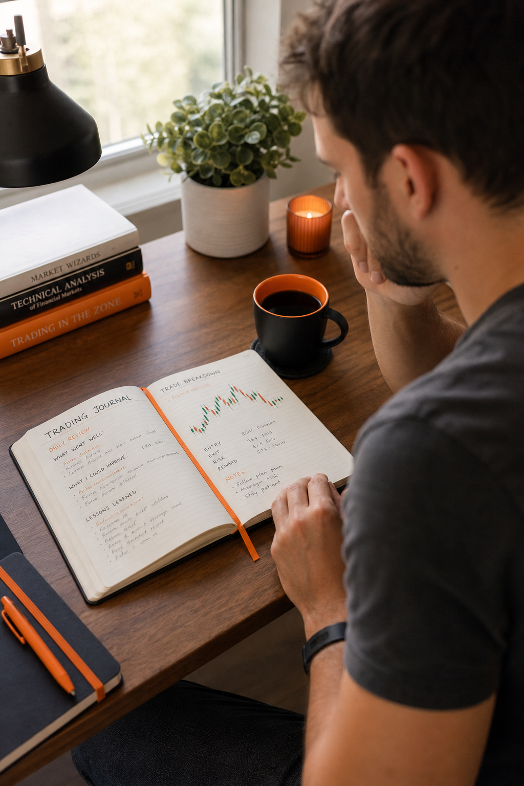 A person sitting at a desk reviewing a trading journal with charts and notes, realistic style. Alt: Trader assessing knowledge and goals with a trading journal.