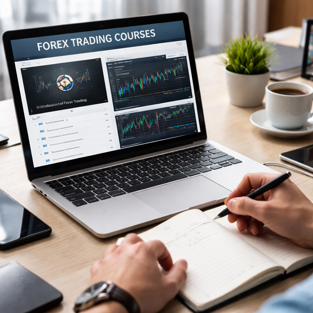 A photorealistic scene of a trader at a laptop reviewing an online forex course dashboard, with charts on screen and a notebook beside the keyboard, bright office lighting. Alt: forex trading courses online visual guide.
