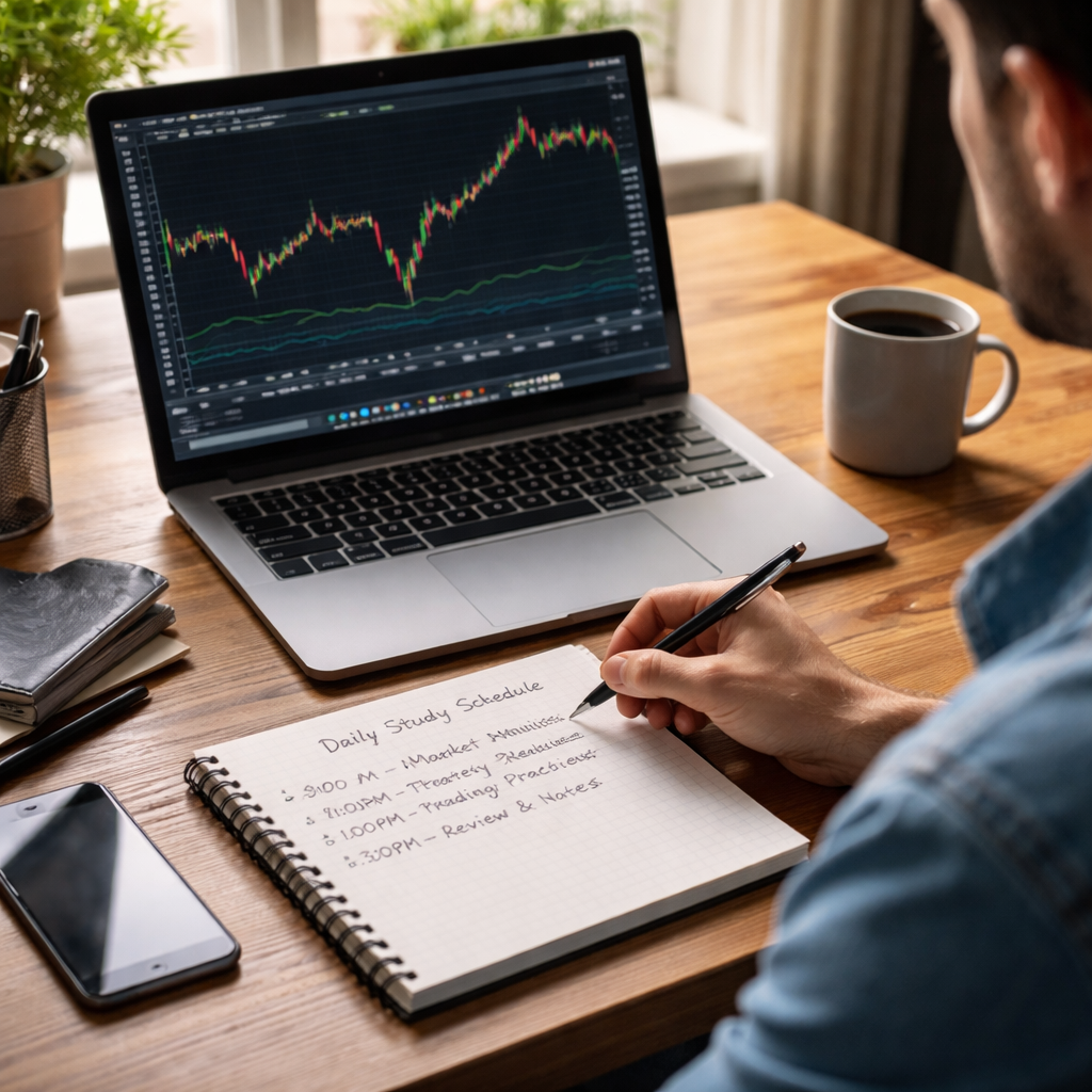 A photorealistic scene of a trader sitting at a desk with a laptop open to a forex chart, a notebook with a daily study schedule written in simple bullet points, a coffee mug nearby, natural daylight from a window, realistic style.