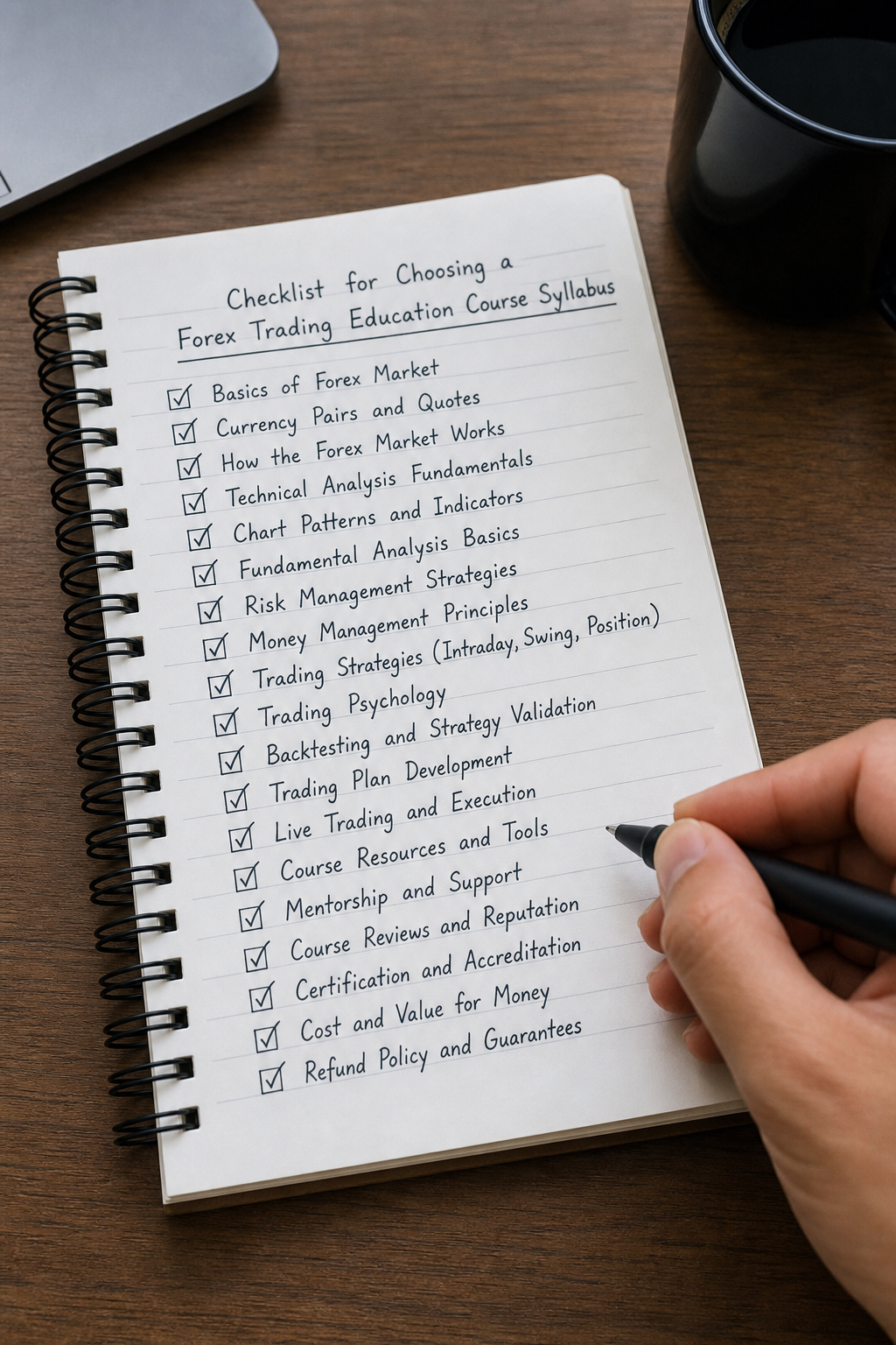 A realistic photo of a notebook with a checklist of forex course topics, pen in hand, on a wooden desk. Alt: checklist for choosing a forex trading education course syllabus.