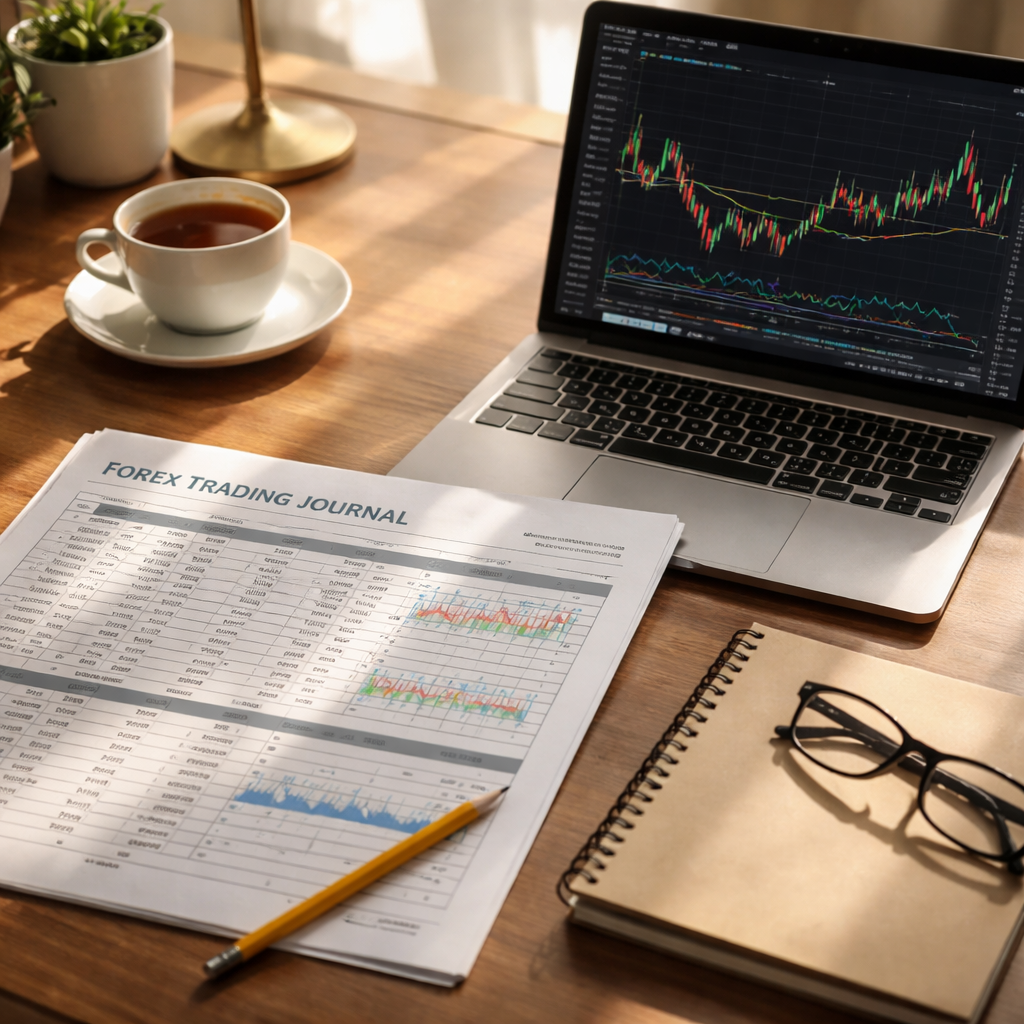 A photorealistic desk scene showing a printed forex trading journal pdf open beside a digital chart on a laptop, a pencil, a cup of tea, and a notebook, morning light on a clean wooden desk, focused atmosphere for a serious trader. Alt: Forex trading journal pdf desk setup for journaling and analysis.