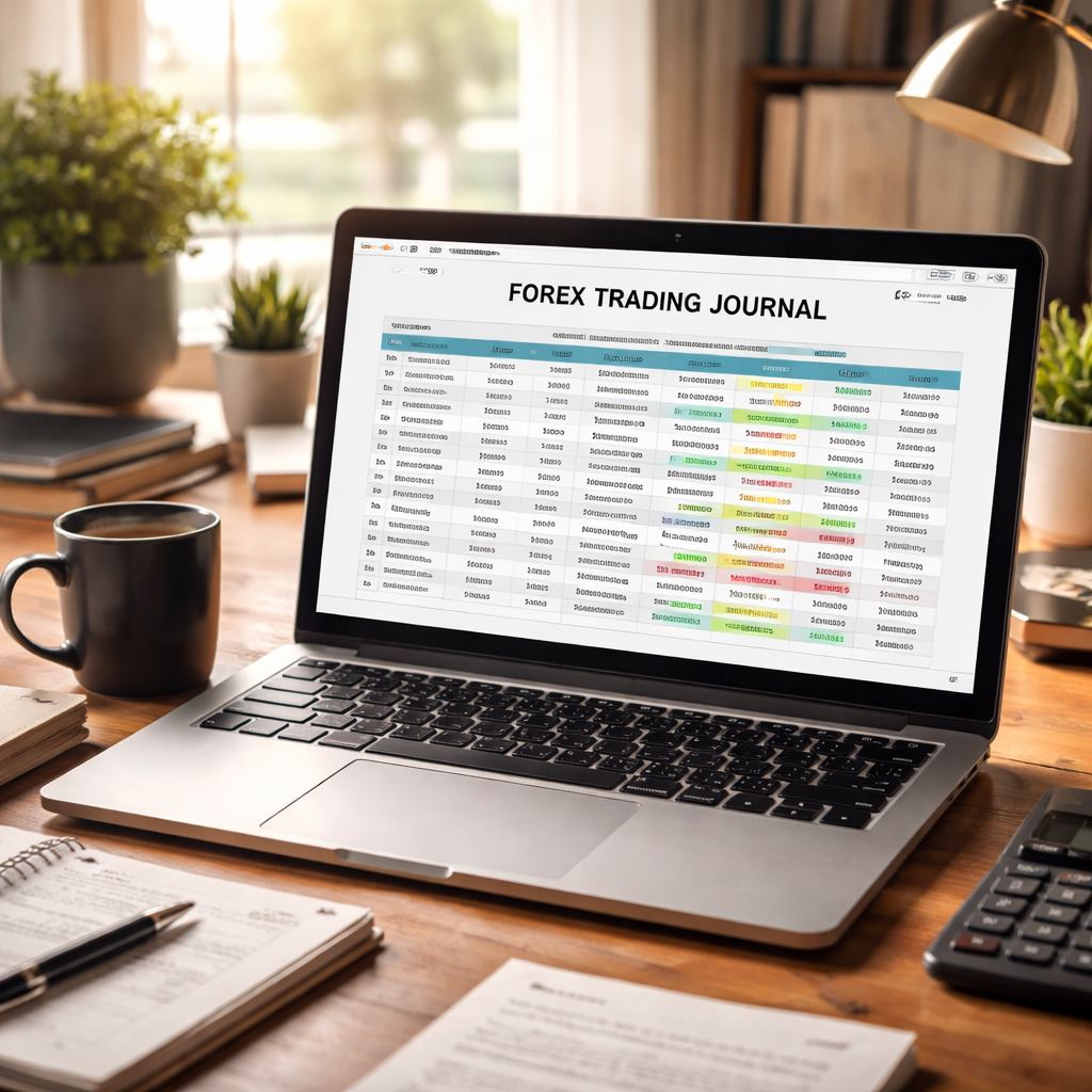 A photorealistic scene of a trader’s desk with a laptop open to a forex trading journal pdf, a neatly formatted data table highlighted on the screen, a coffee mug, and soft natural lighting. Alt: forex trading journal pdf data table analysis in a realistic office setting.