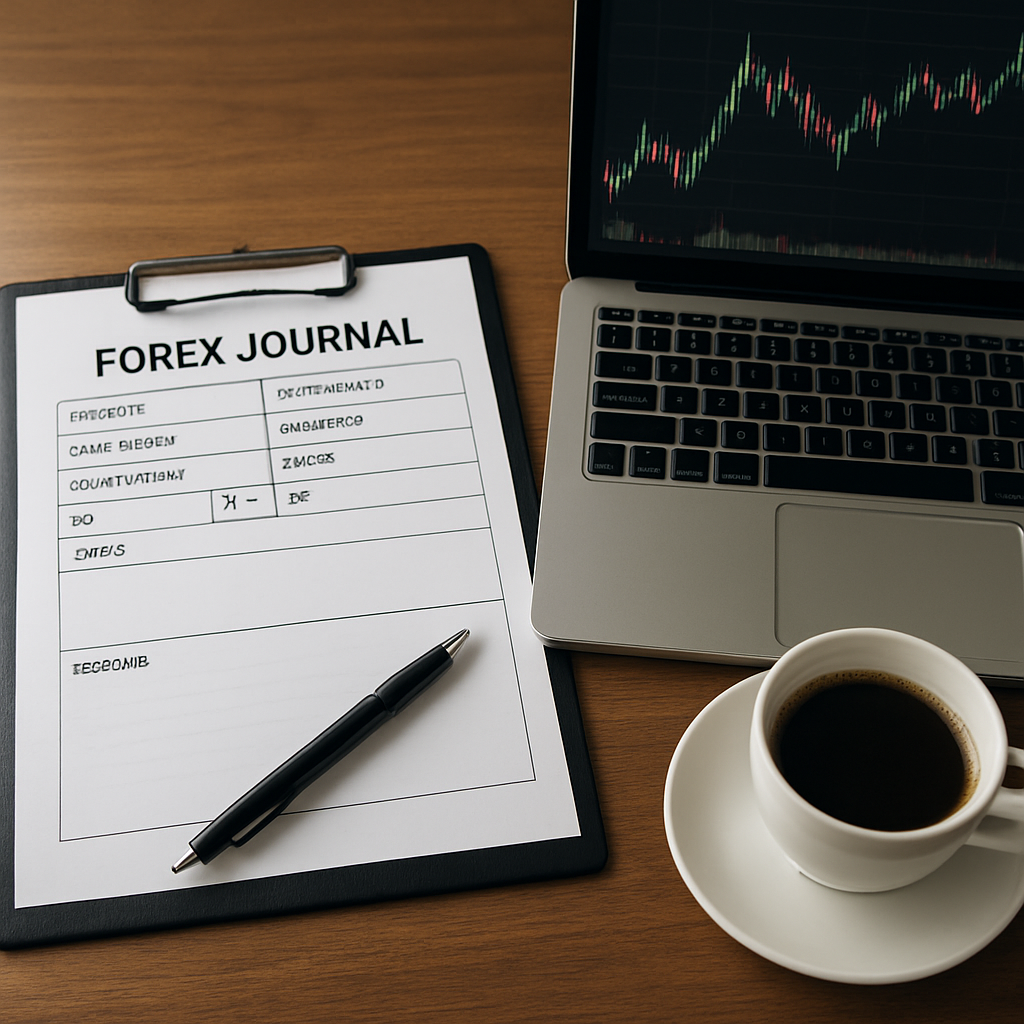 Photorealistic desk with a forex journal template, laptop charts, and coffee. Alt: forex journal setup