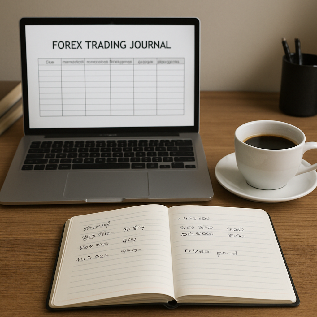 A photorealistic desk scene showing a laptop with a forex trading journal template on screen, a notebook with handwritten entries, and a cup of coffee, in a tidy workspace. Alt: Forex trading journal template on desk with notebook and coffee.