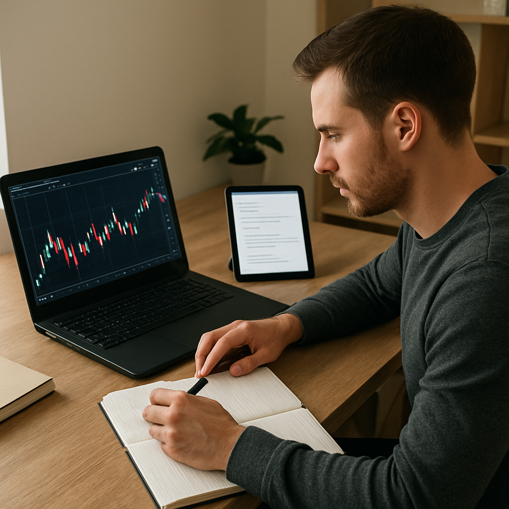 A realistic depiction of a trader in a home office, laptop open with forex charts, a notebook beside the keyboard, and a note‑taking app interface displayed on a tablet, showcasing a focused, disciplined learning environment. Alt: Forex mentorship study session
