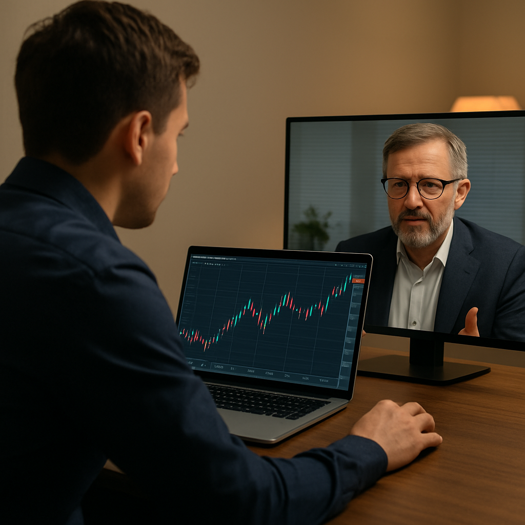 A realistic photo of a trader at a desk, laptop open to a candlestick chart, mentor’s screen visible in a split view, soft office lighting. Alt: Forex trader using chart analysis during mentorship session.