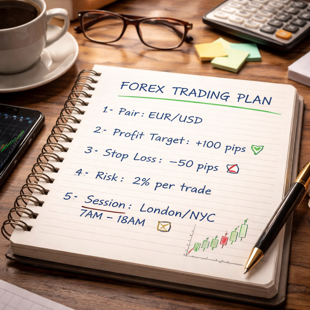 A photorealistic desk scene with a trader’s notebook open to a handwritten forex trading plan example, showing profit target, risk percentage, and session timing. Soft natural light, realistic textures, realistic style. Alt: Forex trading plan example notebook.
