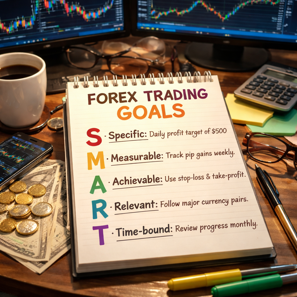 A descriptive prompt for an AI image generator, related to the surrounding text. Alt: Forex trading goals in action—handwritten SMART targets on a trading desk.