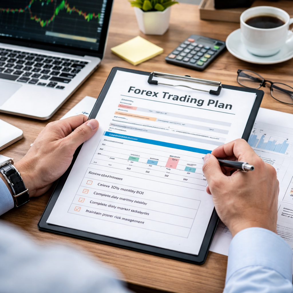 A realistic photo of a trader sitting at a desk, writing a forex trading plan PDF on a laptop, with candlestick charts on the screen and a coffee mug beside the keyboard. Alt: forex trading plan pdf illustration