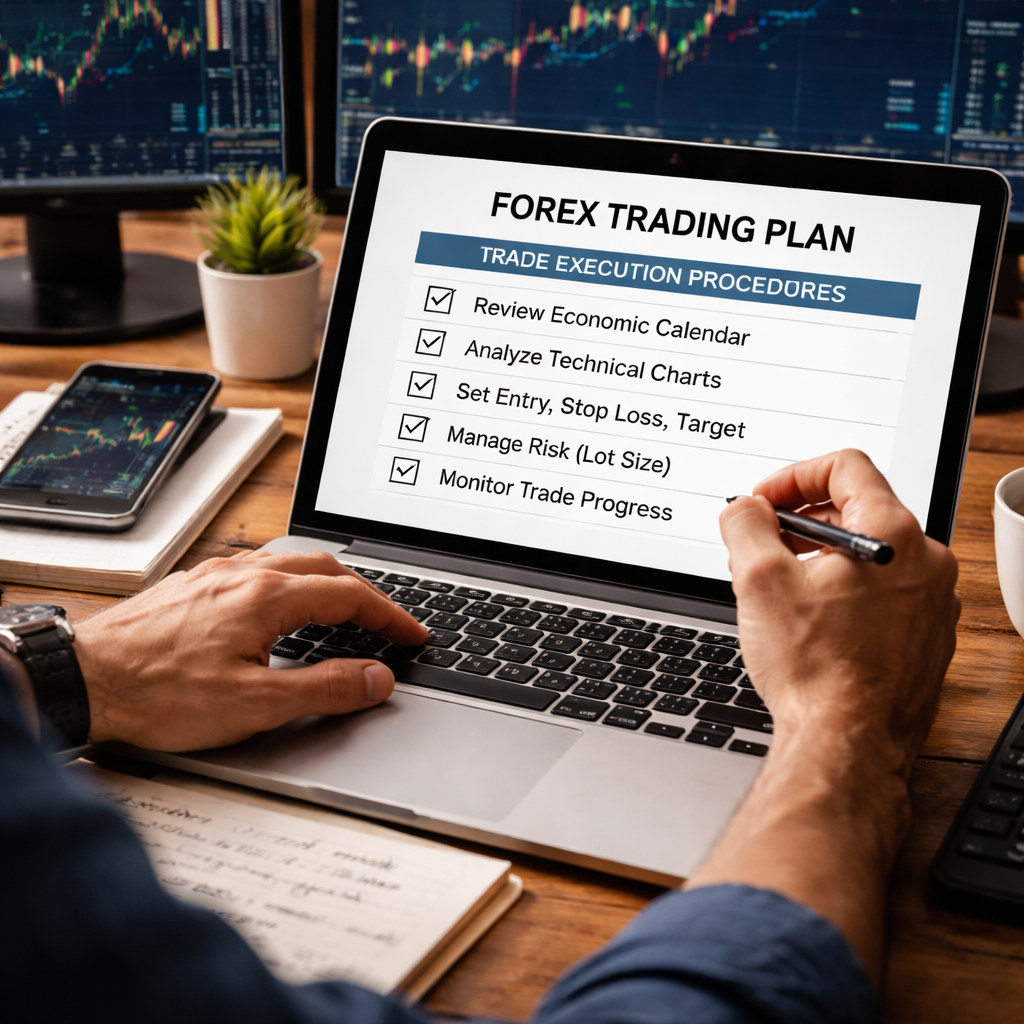 A photorealistic image of a trader's desk with an open laptop showing a forex trading plan PDF on screen, a printed copy beside it, a coffee mug, and a notebook with notes, soft natural lighting. Alt: forex trading plan pdf review and update