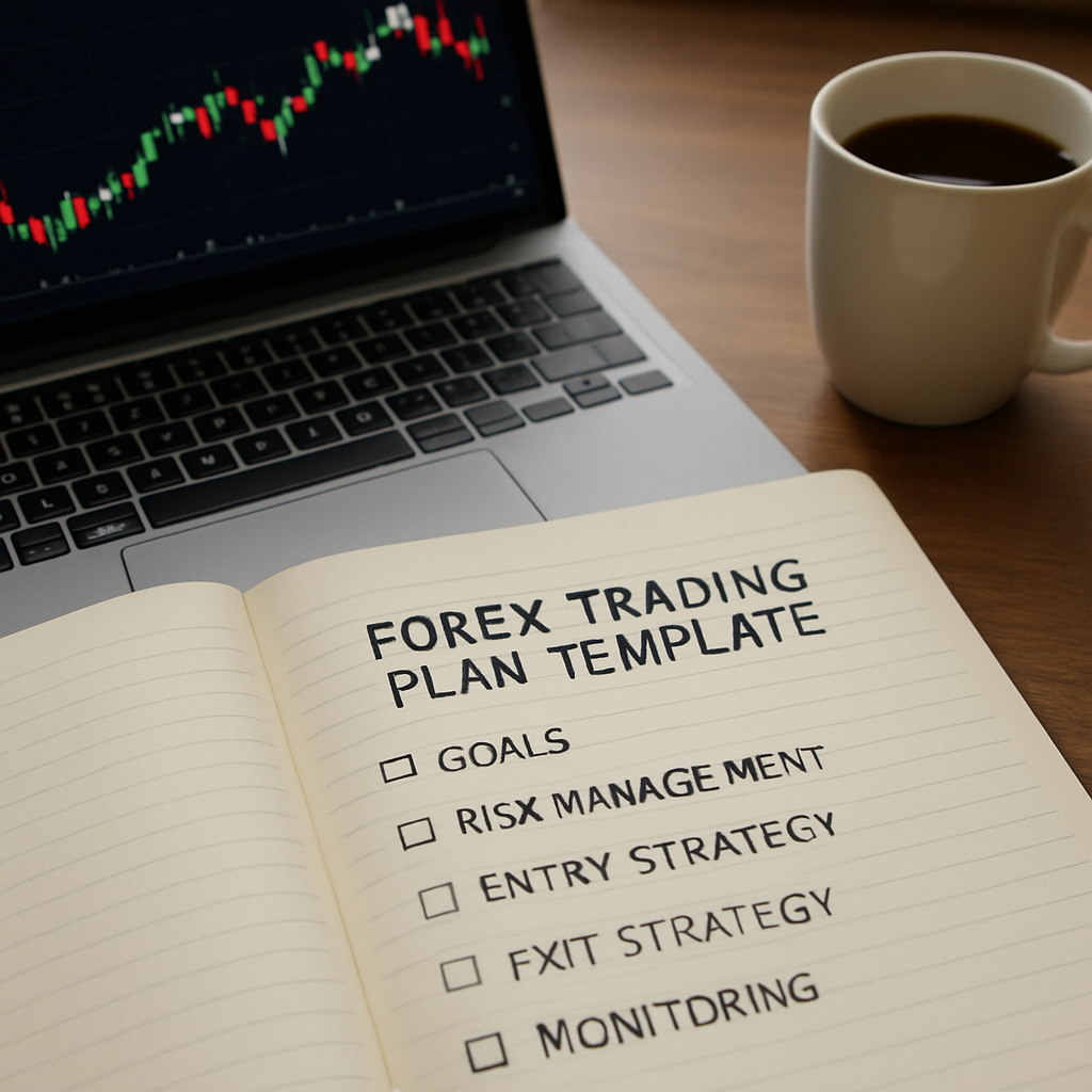 A photorealistic scene of a trader’s desk with a notebook open to a handwritten “Forex Trading Plan Template” checklist, a laptop displaying candlestick charts, and a coffee mug, realistic lighting, showing the trader planning goals and objectives. Alt: Forex trading plan template goal setting on a realistic desk.