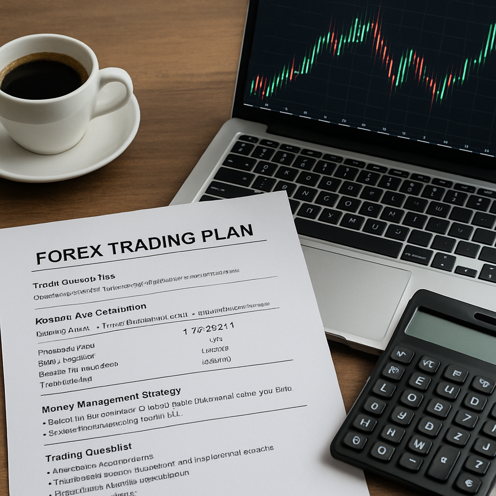 A photorealistic scene of a trader’s desk with a printed forex trading plan template showing position size calculations, a laptop with a candlestick chart, a calculator, and a cup of coffee. Alt: Detailed forex trading plan template with position sizing and money‑management framework.