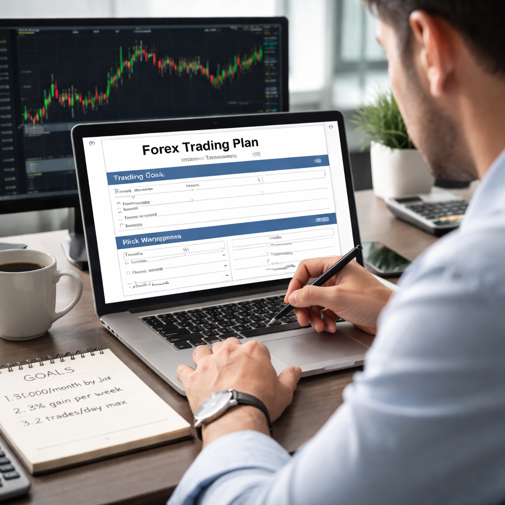 A photorealistic scene of a trader at a desk, filling out a printable forex trading plan template pdf on a laptop, with charts on a monitor in the background, a coffee mug nearby, and a notepad showing clearly written numeric goals and deadlines. Alt: Forex trading plan template pdf with detailed goal‑setting section, realistic office setting.