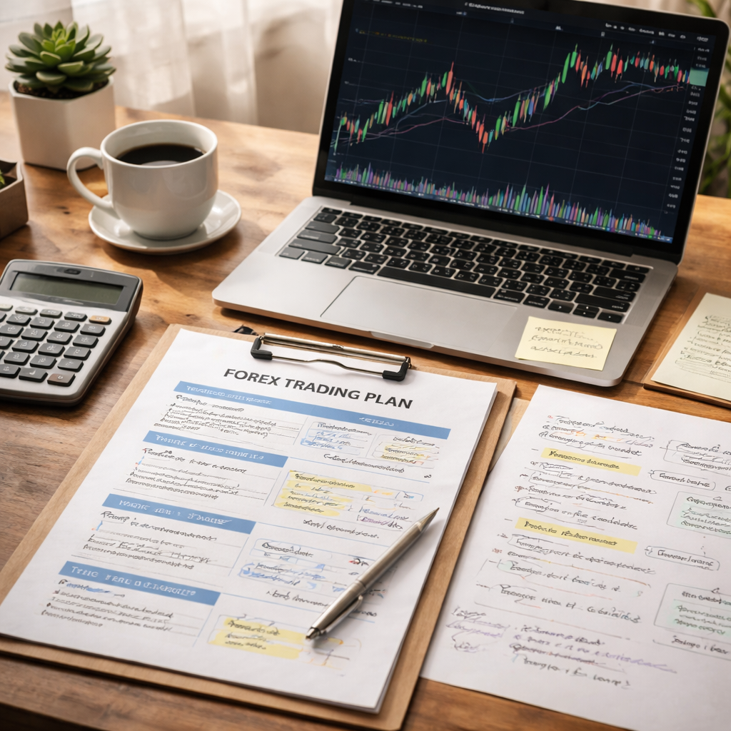 A photorealistic desk setup showing a printed forex trading plan template PDF on paper beside a laptop displaying a chart, a calculator, and annotated notes; natural daylight in a calm home office. Alt: Forex trading plan template PDF desk setup