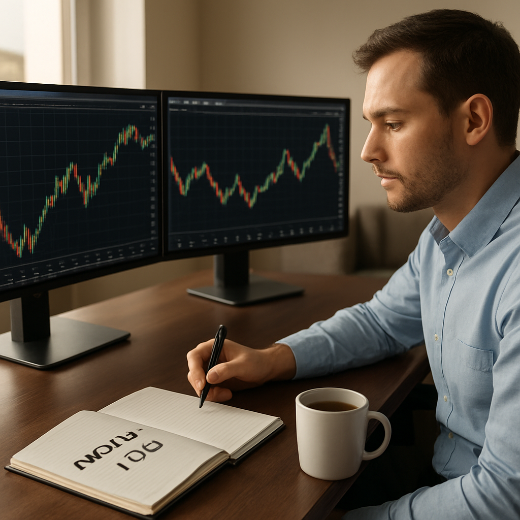 A photorealistic, real-world office scene showing a trader at a desk with dual monitors displaying forex charts, an open notebook labeled 'Emotion Log', a calm expression, and a cup of coffee in soft morning light. Alt: Forex trading psychology setup for emotion awareness