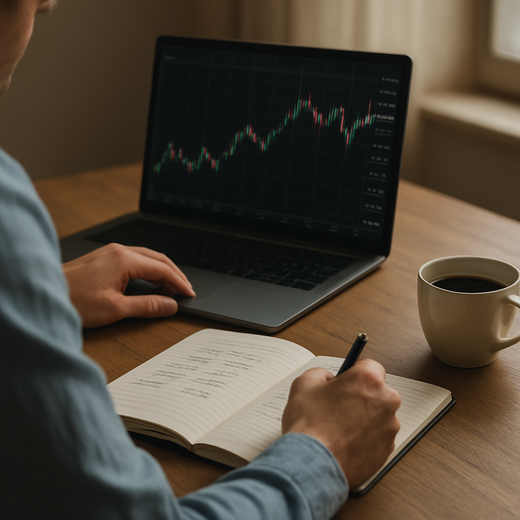 A photorealistic scene of a trader sitting at a desk with a laptop displaying a forex chart, an open notebook with handwritten trade entries, a cup of coffee, and a soft natural light highlighting a calm, focused atmosphere. Alt: forex trading psychology journaling in realistic style.