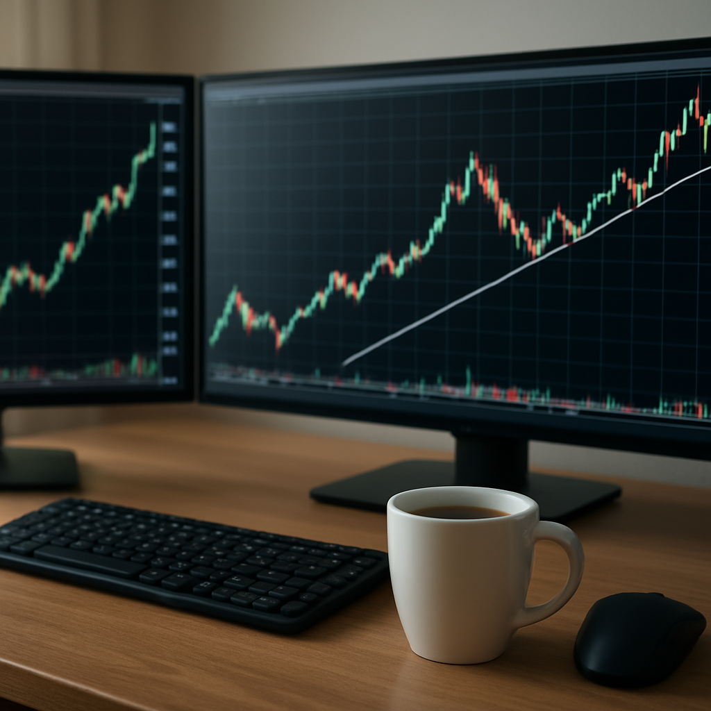 A photorealistic desktop setup showing a multi‑monitor forex chart with clear trend lines and a trader’s coffee mug, emphasizing focus and analytical work. Alt: Trend‑following forex trading strategy visualization in realism style.