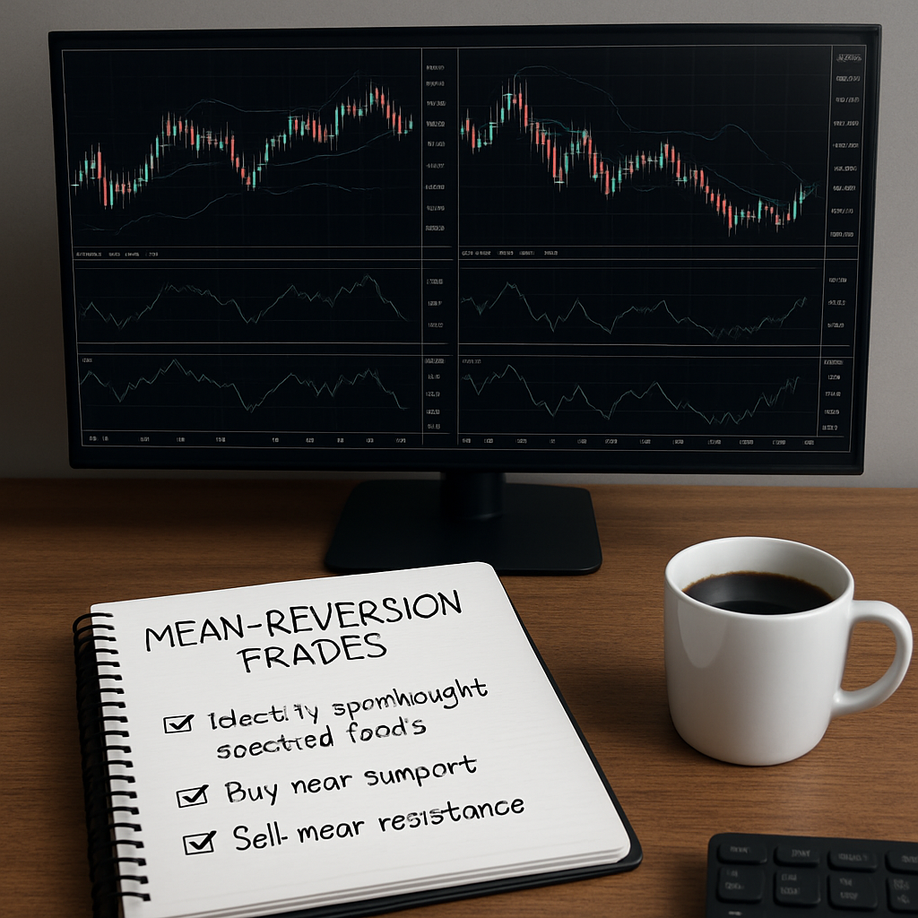 A photorealistic desktop scene showing a forex trader’s monitor with multiple charts, Bollinger Bands and RSI indicators highlighted, a notebook with a checklist for mean‑reversion trades, and a coffee cup, illustrating counter‑trend forex trading strategies for aspiring and experienced traders. Alt: Counter‑trend mean reversion forex trading strategies visual guide.