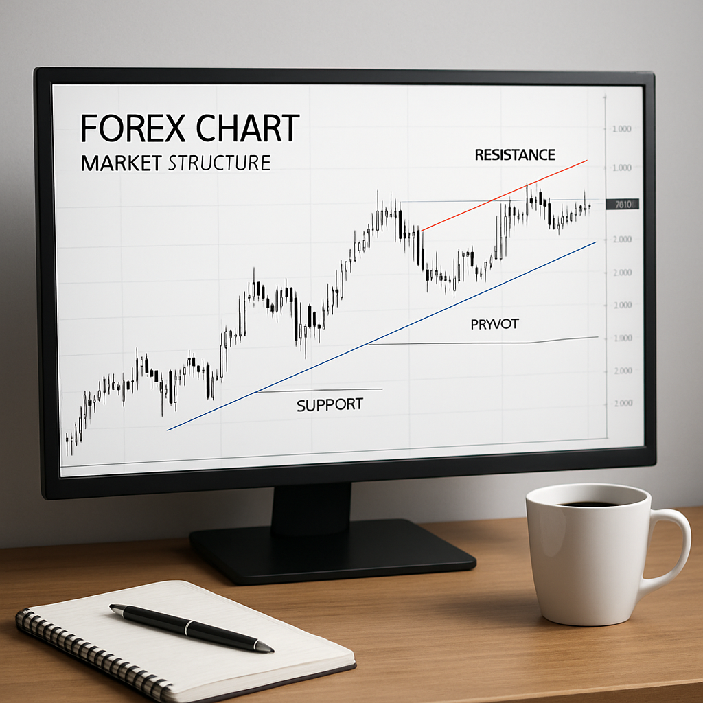A realistic depiction of a forex chart displaying trend lines, support and resistance levels, and pivot points in a clean, professional setting. The image shows a trader’s desk with a monitor, notepad, and a coffee mug, emphasizing a focused educational atmosphere. Alt: Forex market structure illustration for traders.